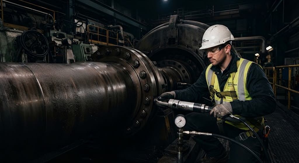 Técnico industrial inspeccionando turbina con torquímetro en planta Rock Hamilton